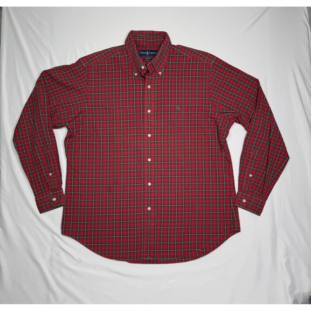Ralph Lauren Mens Classic Fit Plaid Button Down Shirt Red Green Cotton Large